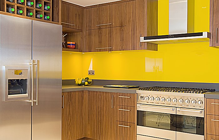 Contemporary Walnut Kitchen with yellow splashback