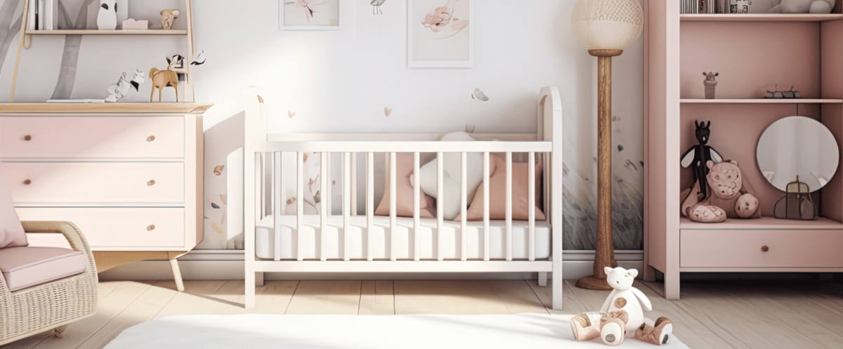 a nursery with a pink and white theme